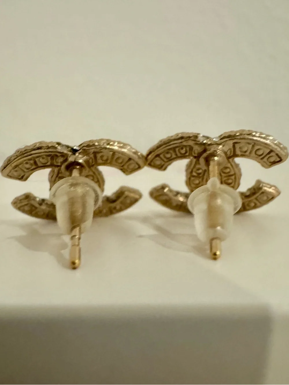 Authentic Chanel CC Pearl Crystal Gold Tone Stud Earrings
